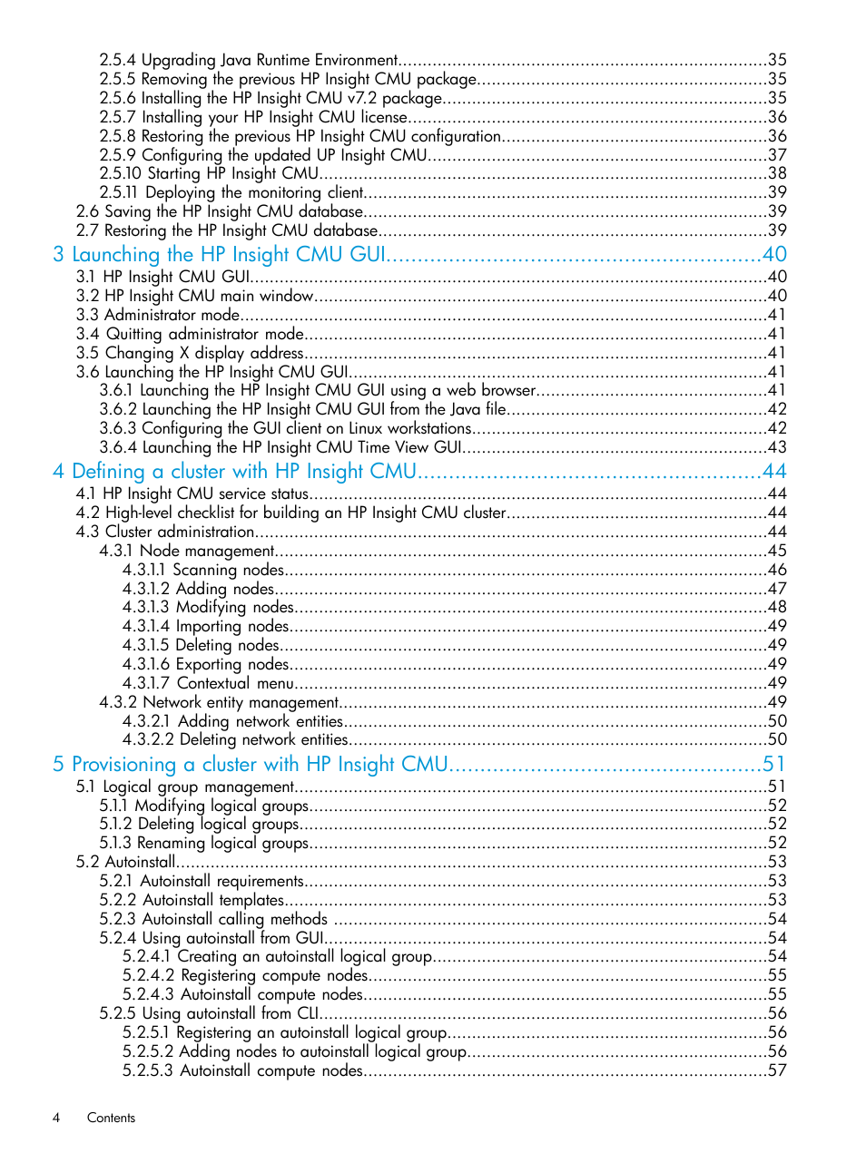 3 launching the hp insight cmu gui, 4 defining a cluster with hp insight cmu, 5 provisioning a cluster with hp insight cmu | HP Insight Cluster Management Utility User Manual | Page 4 / 223