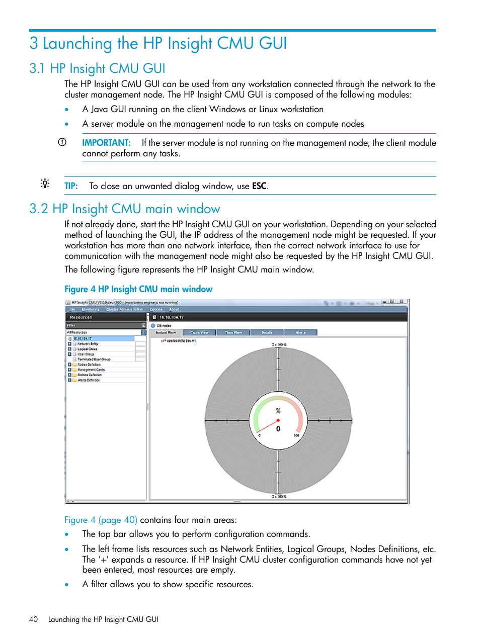 3 launching the hp insight cmu gui, 1 hp insight cmu gui, 2 hp insight cmu main window | Hp insight cmu main window | HP Insight Cluster Management Utility User Manual | Page 40 / 223