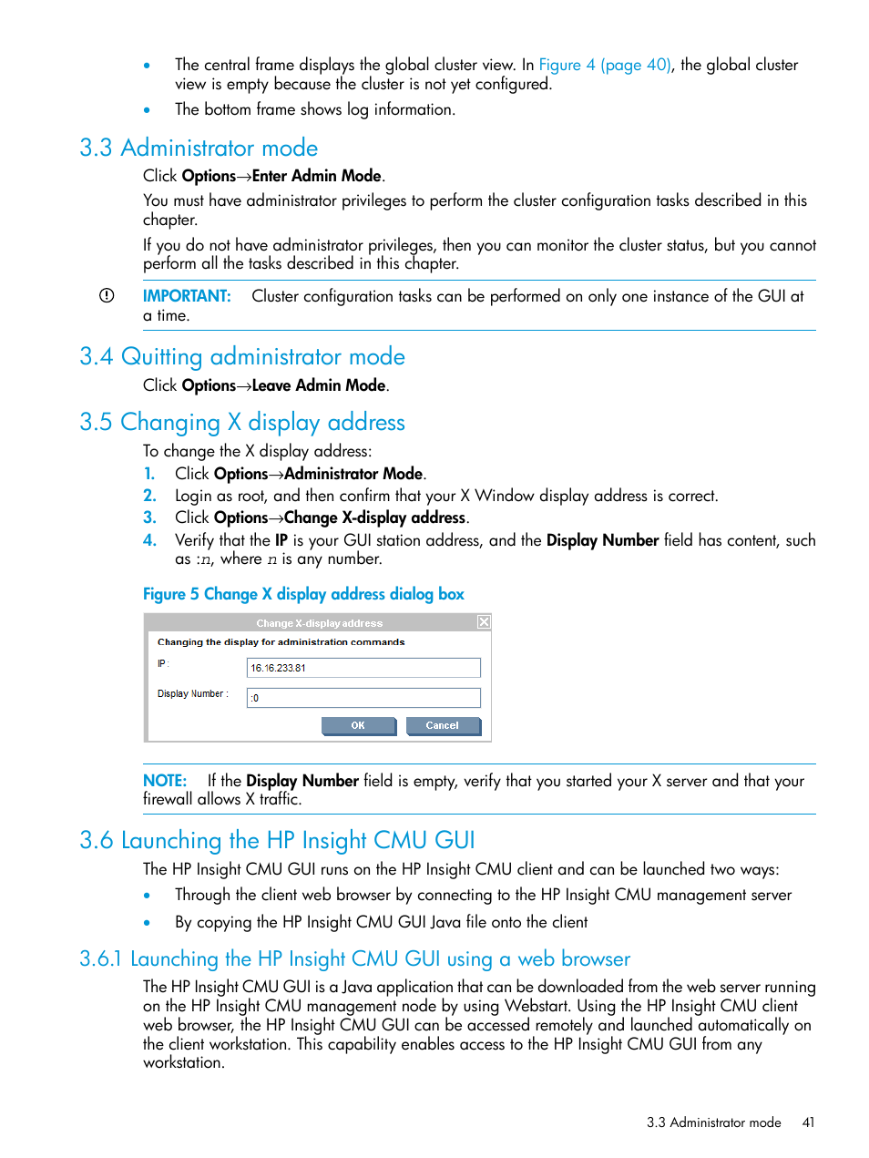 3 administrator mode, 4 quitting administrator mode, 5 changing x display address | 6 launching the hp insight cmu gui, Change x display address dialog box | HP Insight Cluster Management Utility User Manual | Page 41 / 223