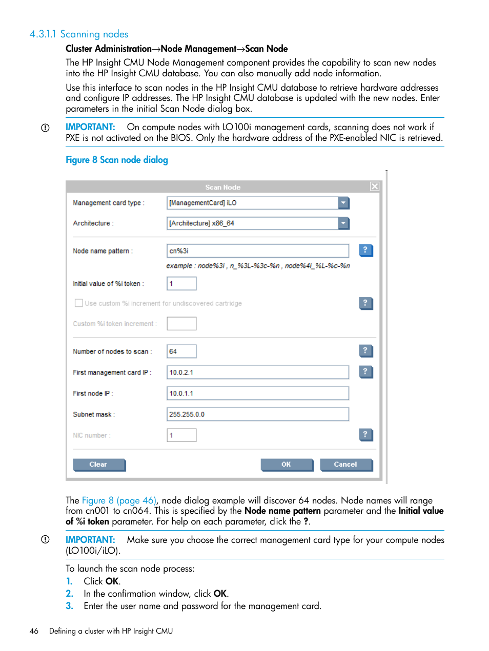 1 scanning nodes, Scan node dialog | HP Insight Cluster Management Utility User Manual | Page 46 / 223