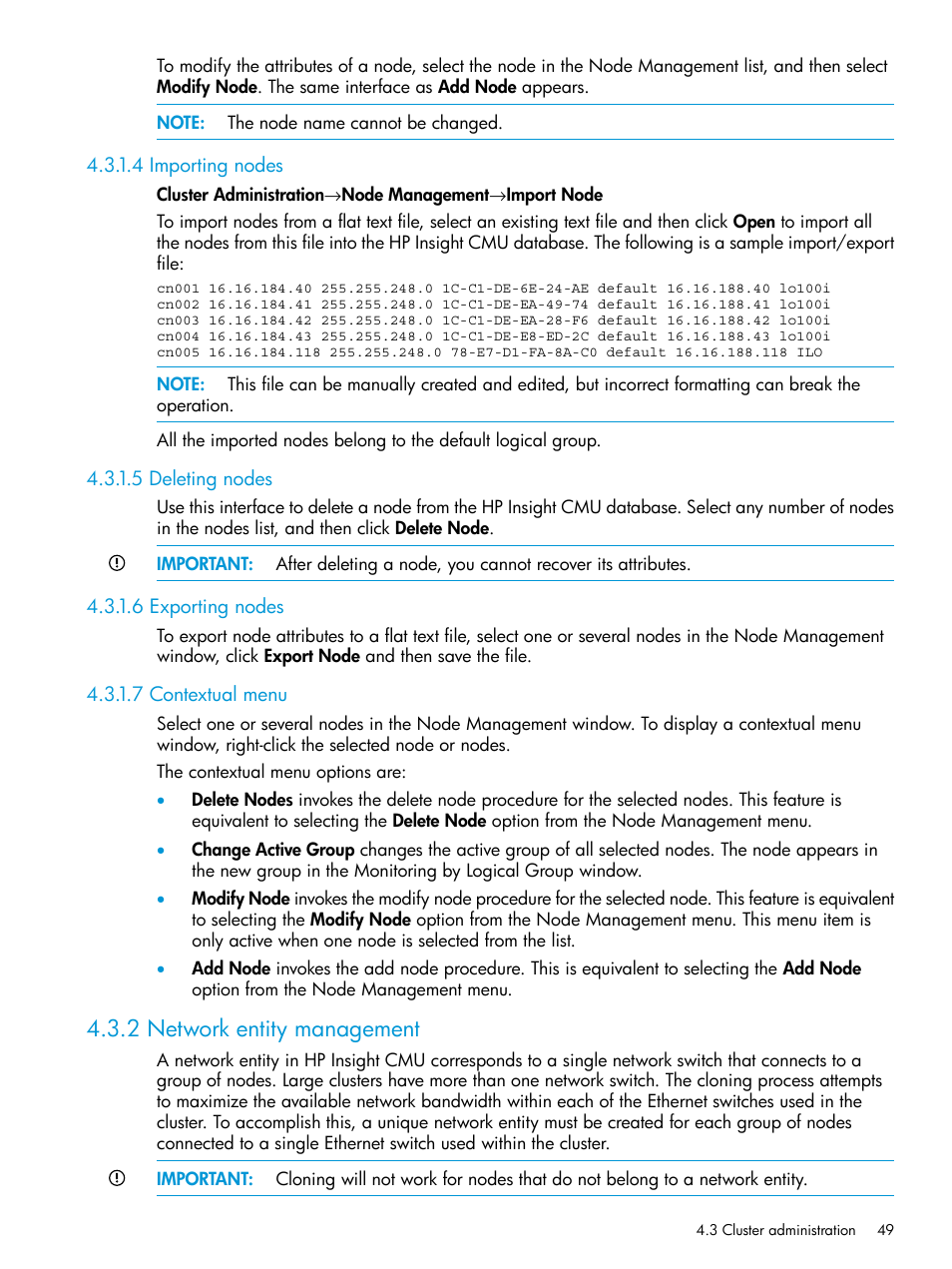 4 importing nodes, 5 deleting nodes, 6 exporting nodes | 7 contextual menu, 2 network entity management | HP Insight Cluster Management Utility User Manual | Page 49 / 223