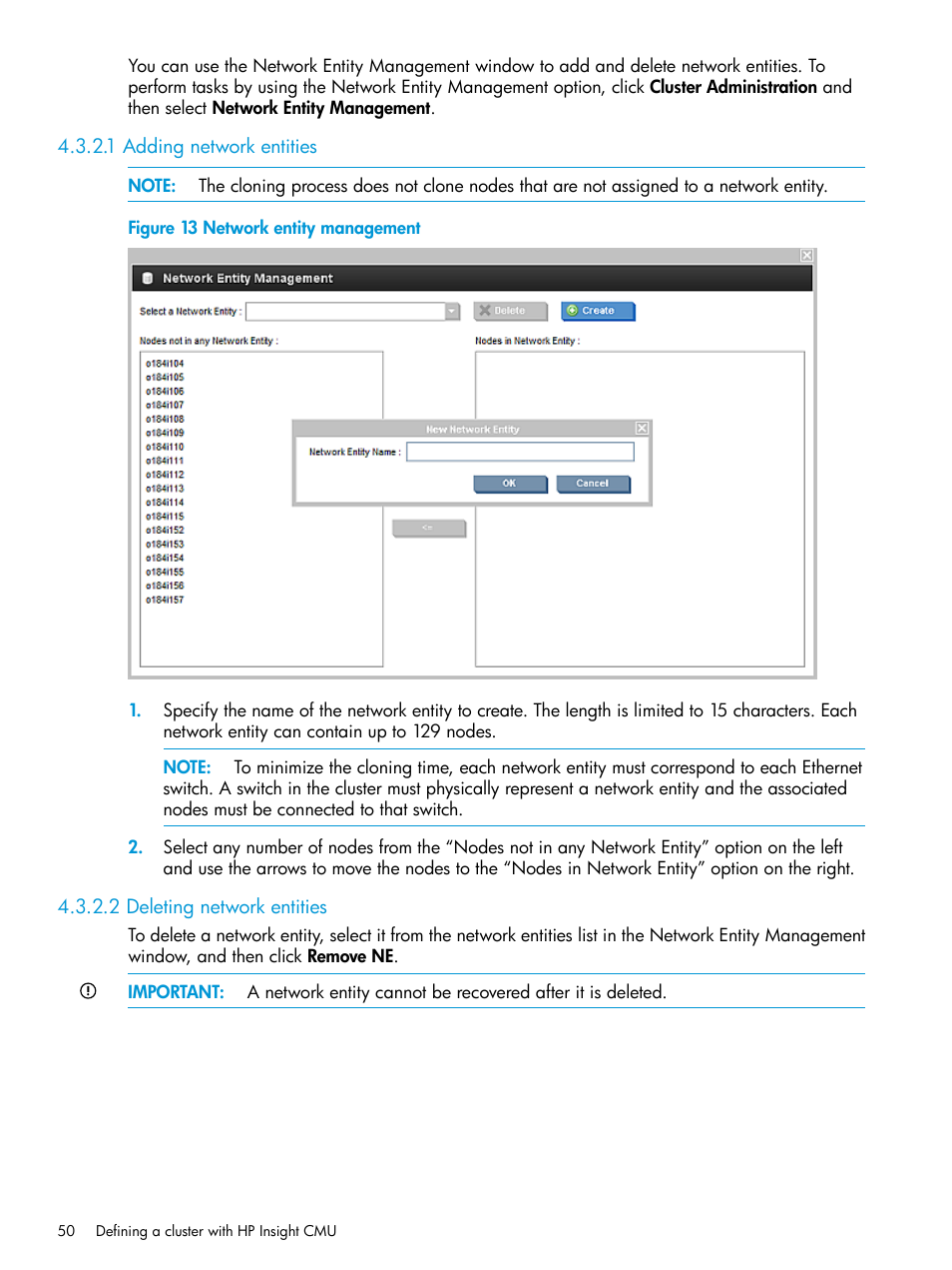 1 adding network entities, 2 deleting network entities, Network entity management | HP Insight Cluster Management Utility User Manual | Page 50 / 223