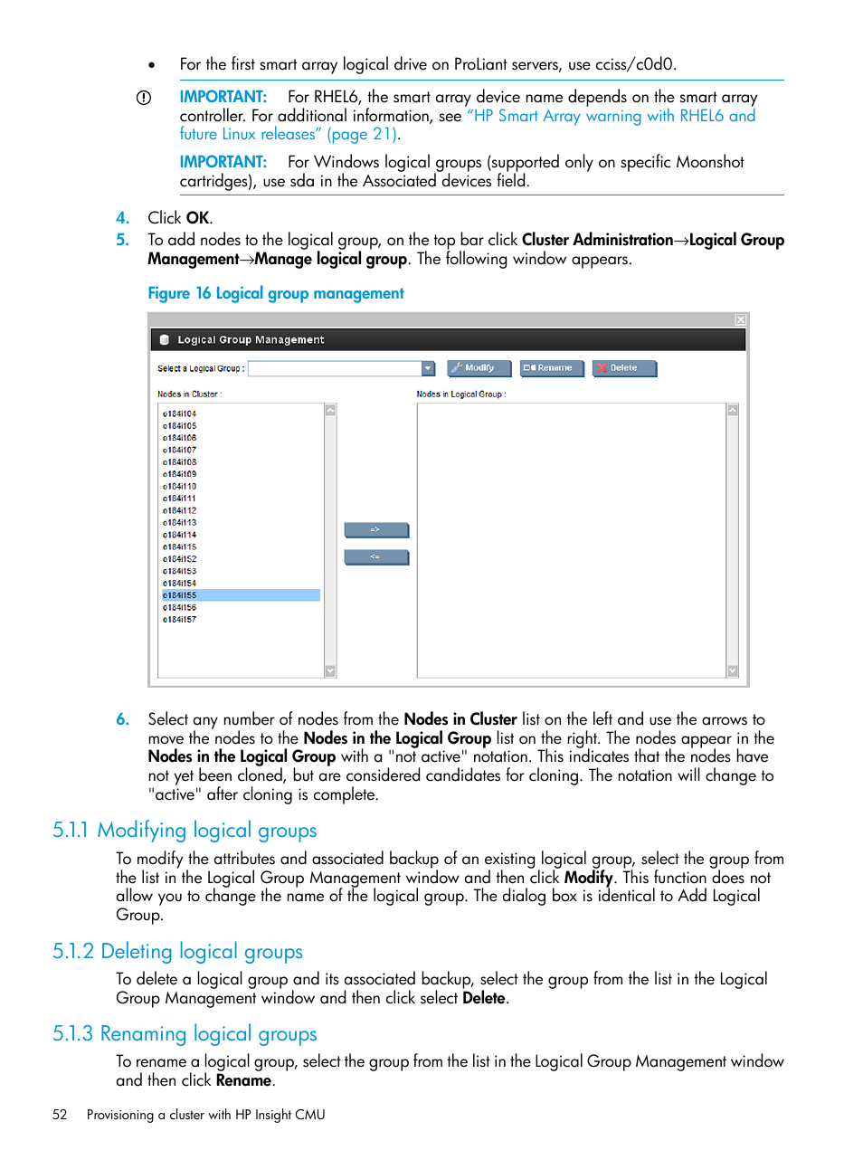 1 modifying logical groups, 2 deleting logical groups, 3 renaming logical groups | Logical group management | HP Insight Cluster Management Utility User Manual | Page 52 / 223