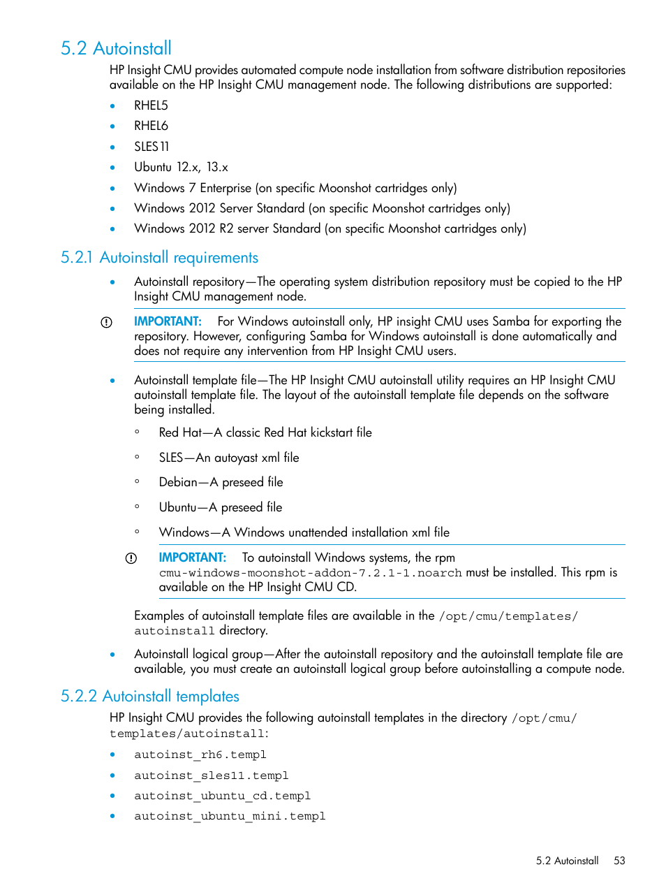 2 autoinstall, 1 autoinstall requirements, 2 autoinstall templates | HP Insight Cluster Management Utility User Manual | Page 53 / 223