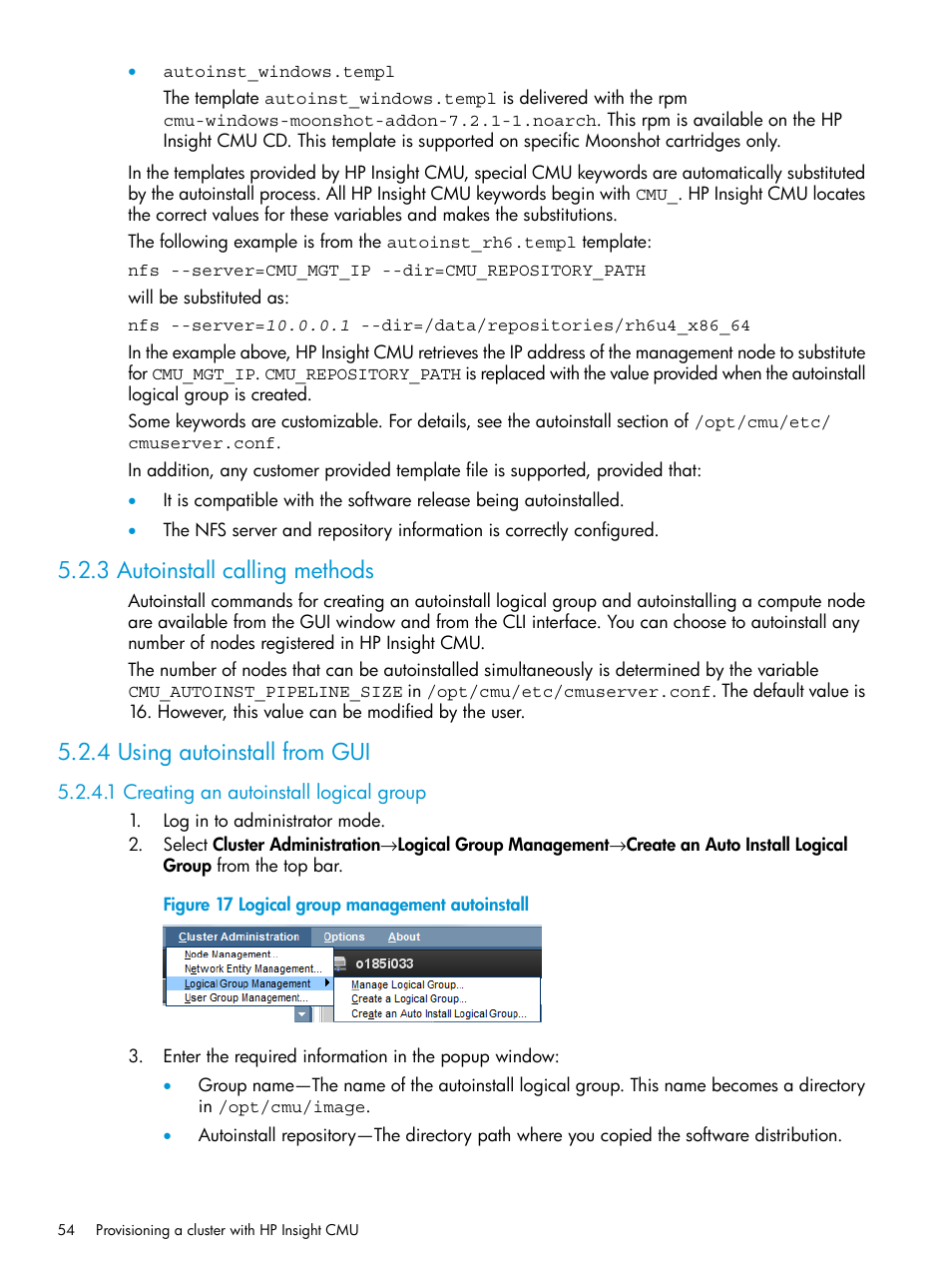 3 autoinstall calling methods, 4 using autoinstall from gui, 1 creating an autoinstall logical group | Logical group management autoinstall | HP Insight Cluster Management Utility User Manual | Page 54 / 223