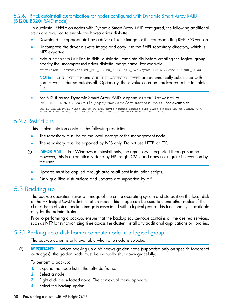 7 restrictions, 3 backing up | HP Insight Cluster Management Utility User Manual | Page 58 / 223