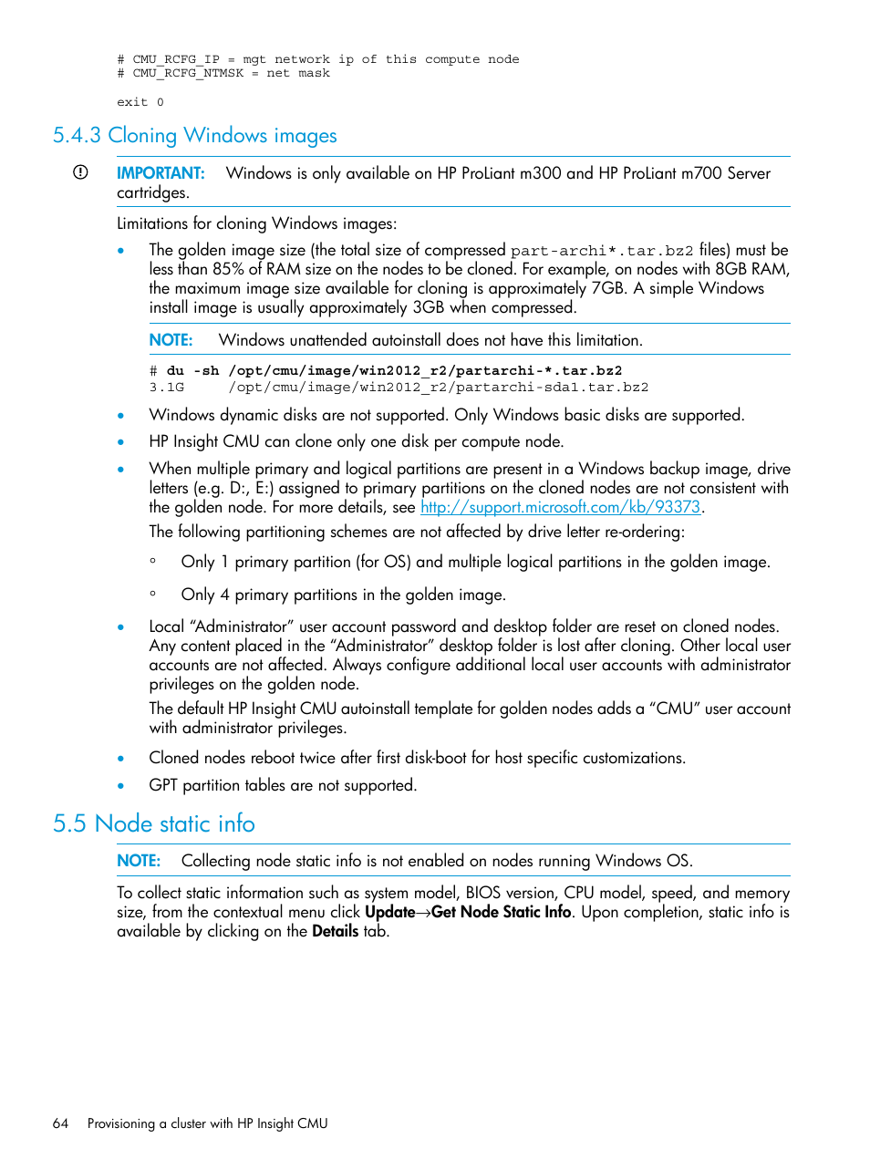 3 cloning windows images, 5 node static info | HP Insight Cluster Management Utility User Manual | Page 64 / 223