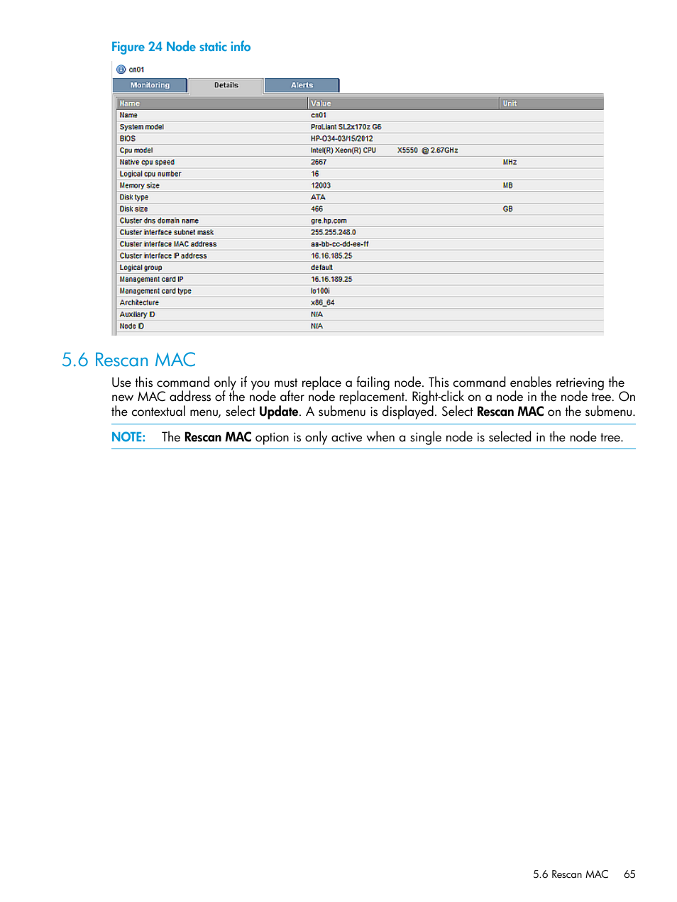 6 rescan mac, Node static info | HP Insight Cluster Management Utility User Manual | Page 65 / 223