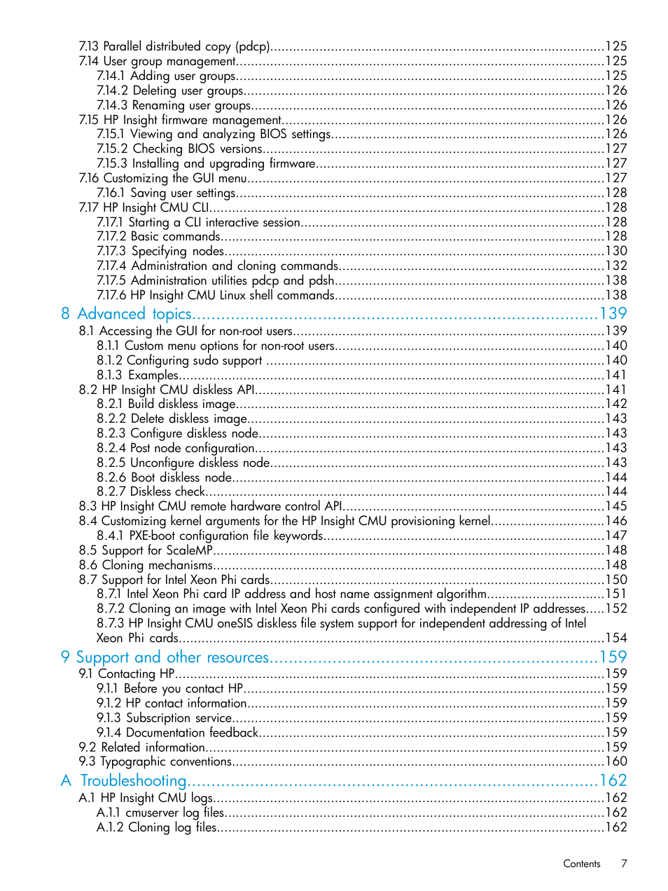 8 advanced topics, 9 support and other resources, A troubleshooting | HP Insight Cluster Management Utility User Manual | Page 7 / 223