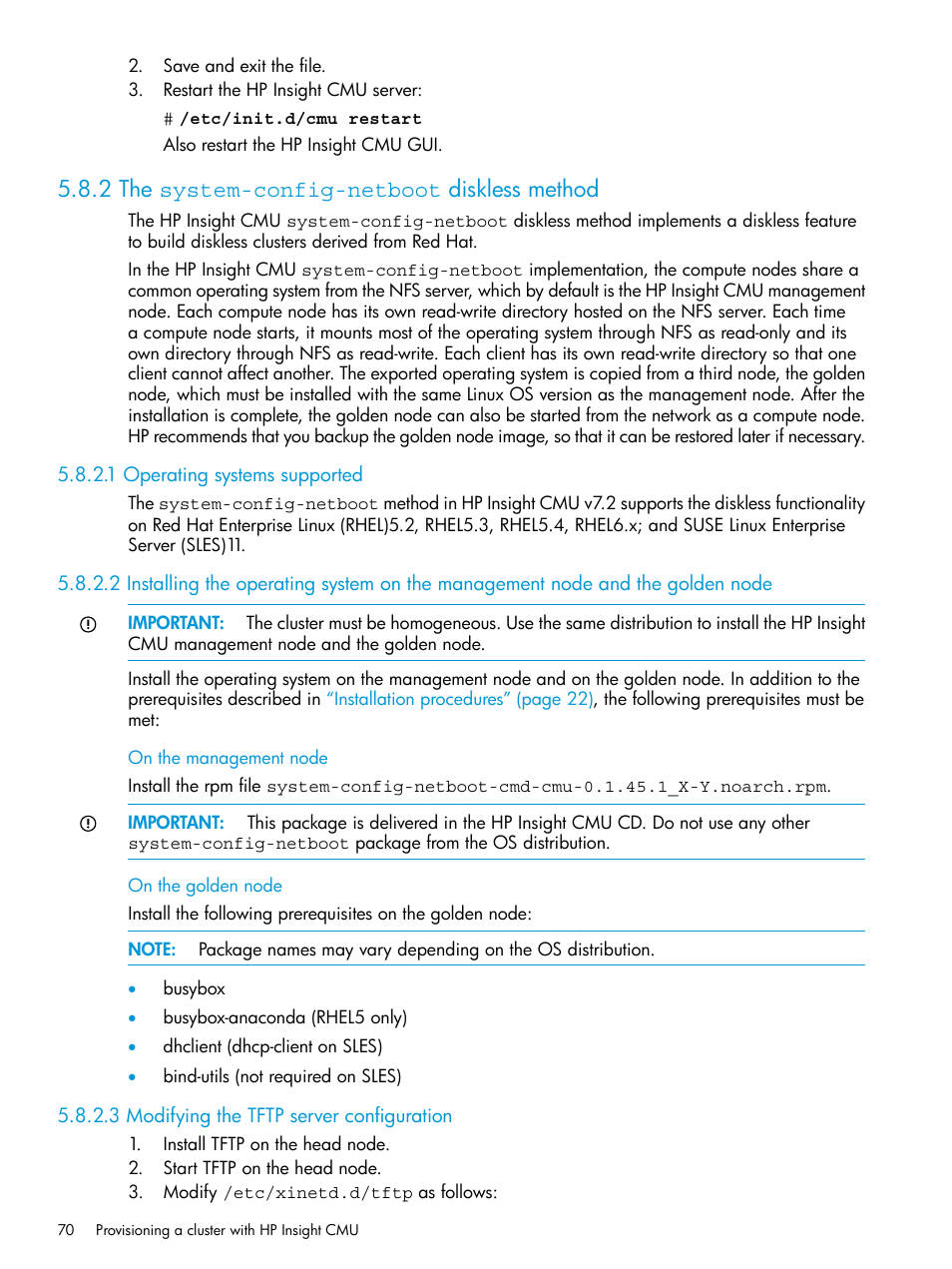 2 the system-config-netboot diskless method, 1 operating systems supported, 3 modifying the tftp server configuration | HP Insight Cluster Management Utility User Manual | Page 70 / 223