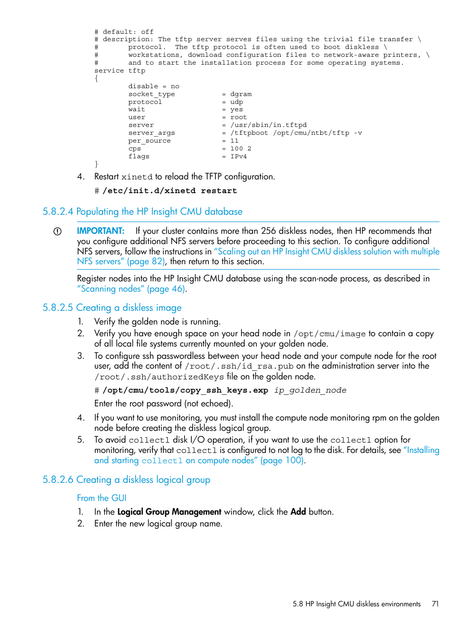 4 populating the hp insight cmu database, 5 creating a diskless image, 6 creating a diskless logical group | HP Insight Cluster Management Utility User Manual | Page 71 / 223