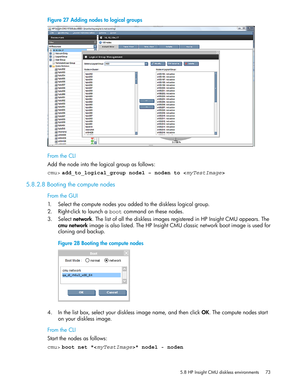 8 booting the compute nodes, Adding nodes to logical groups, Booting the compute nodes | HP Insight Cluster Management Utility User Manual | Page 73 / 223