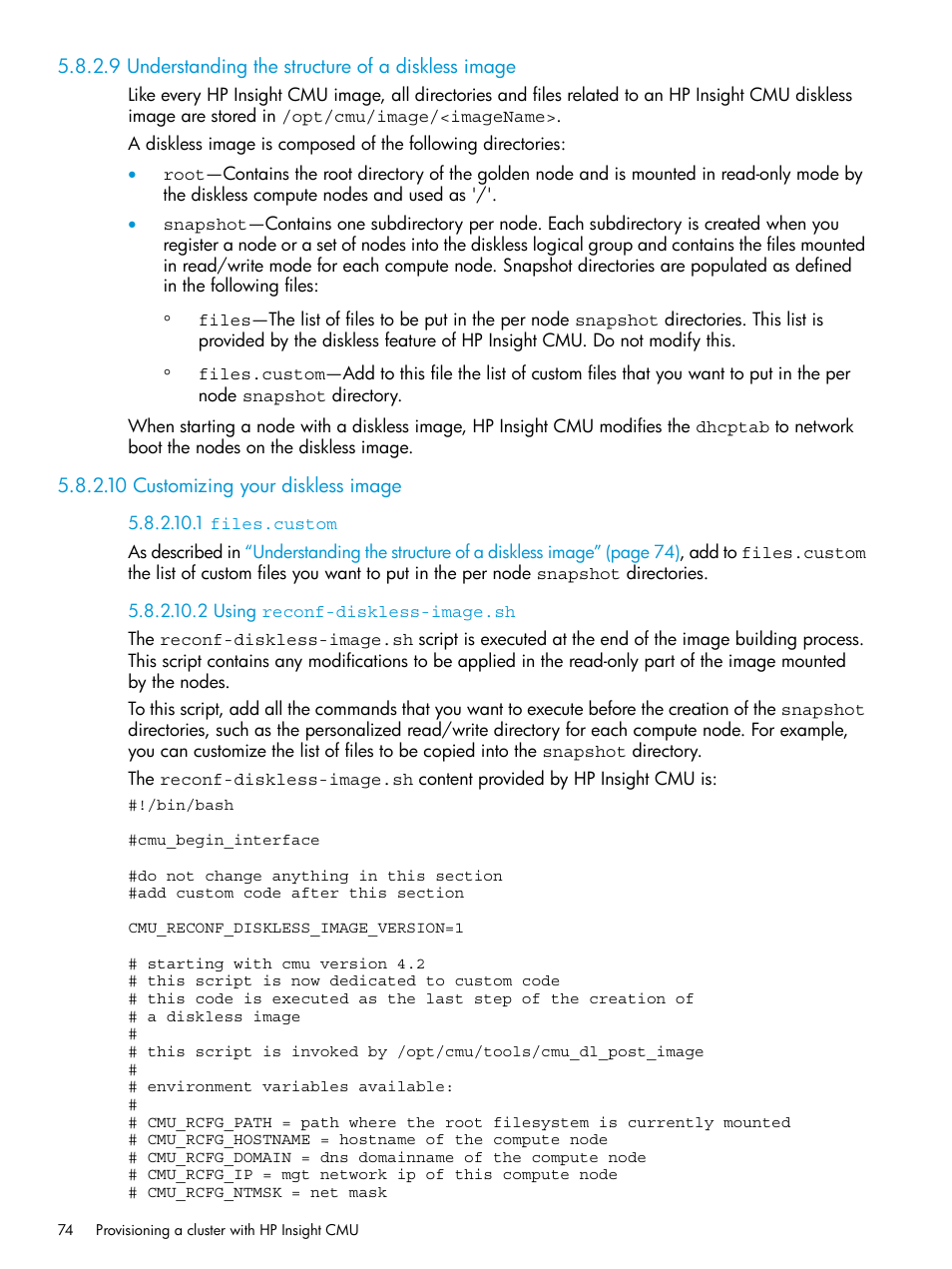 9 understanding the structure of a diskless image, 10 customizing your diskless image, 1 files.custom | 2 using reconf-diskless-image.sh | HP Insight Cluster Management Utility User Manual | Page 74 / 223