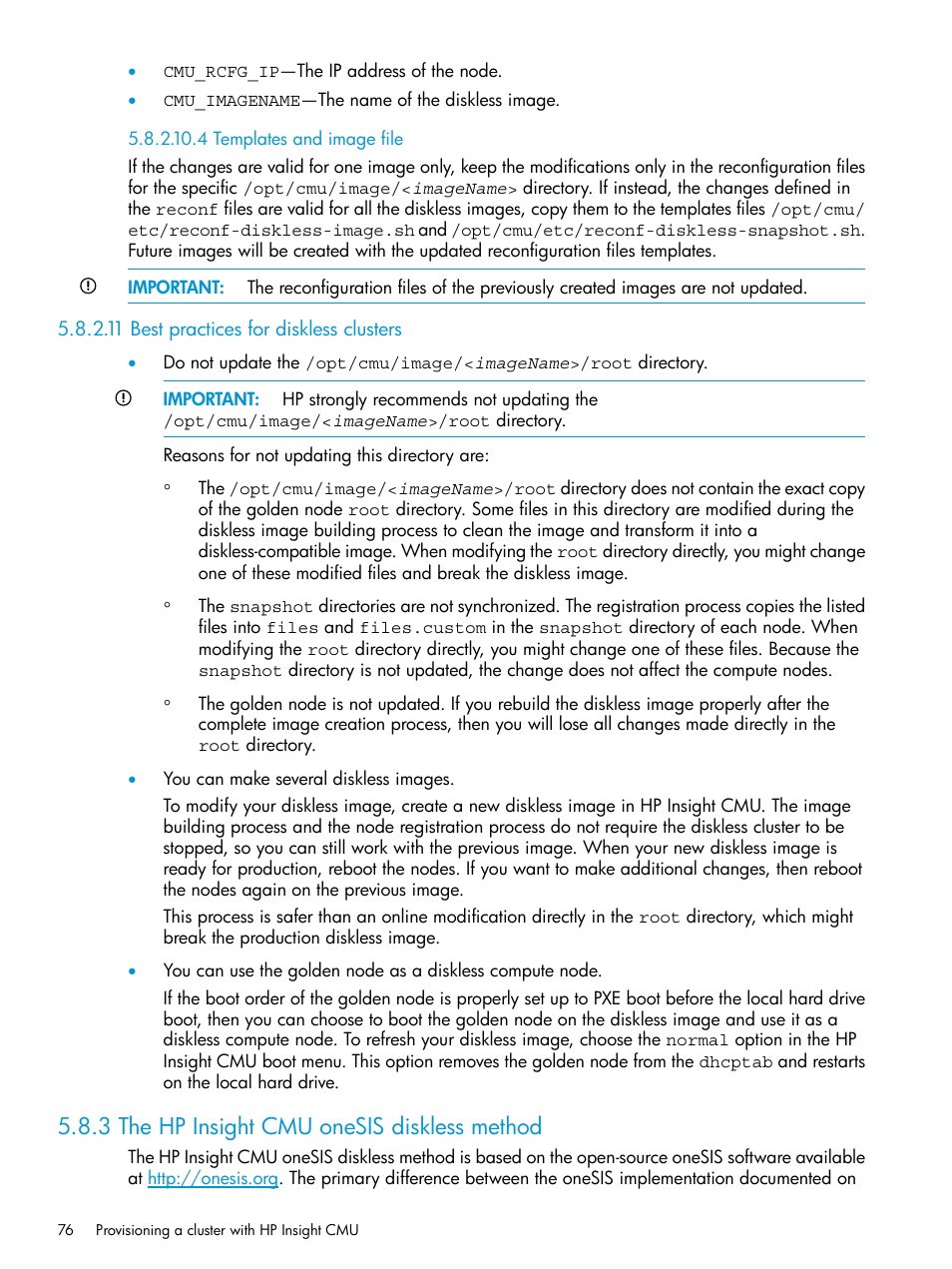 4 templates and image file, 11 best practices for diskless clusters, 3 the hp insight cmu onesis diskless method | HP Insight Cluster Management Utility User Manual | Page 76 / 223