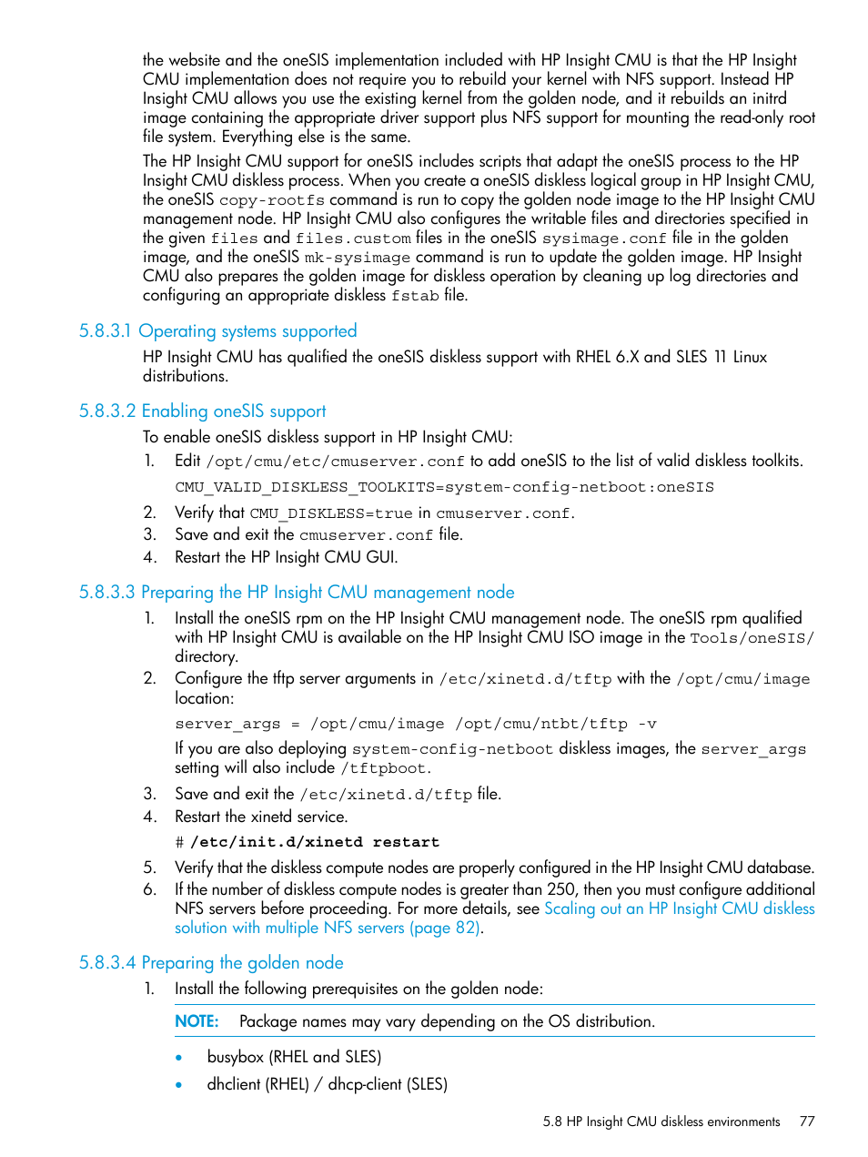 1 operating systems supported, 2 enabling onesis support, 3 preparing the hp insight cmu management node | 4 preparing the golden node | HP Insight Cluster Management Utility User Manual | Page 77 / 223
