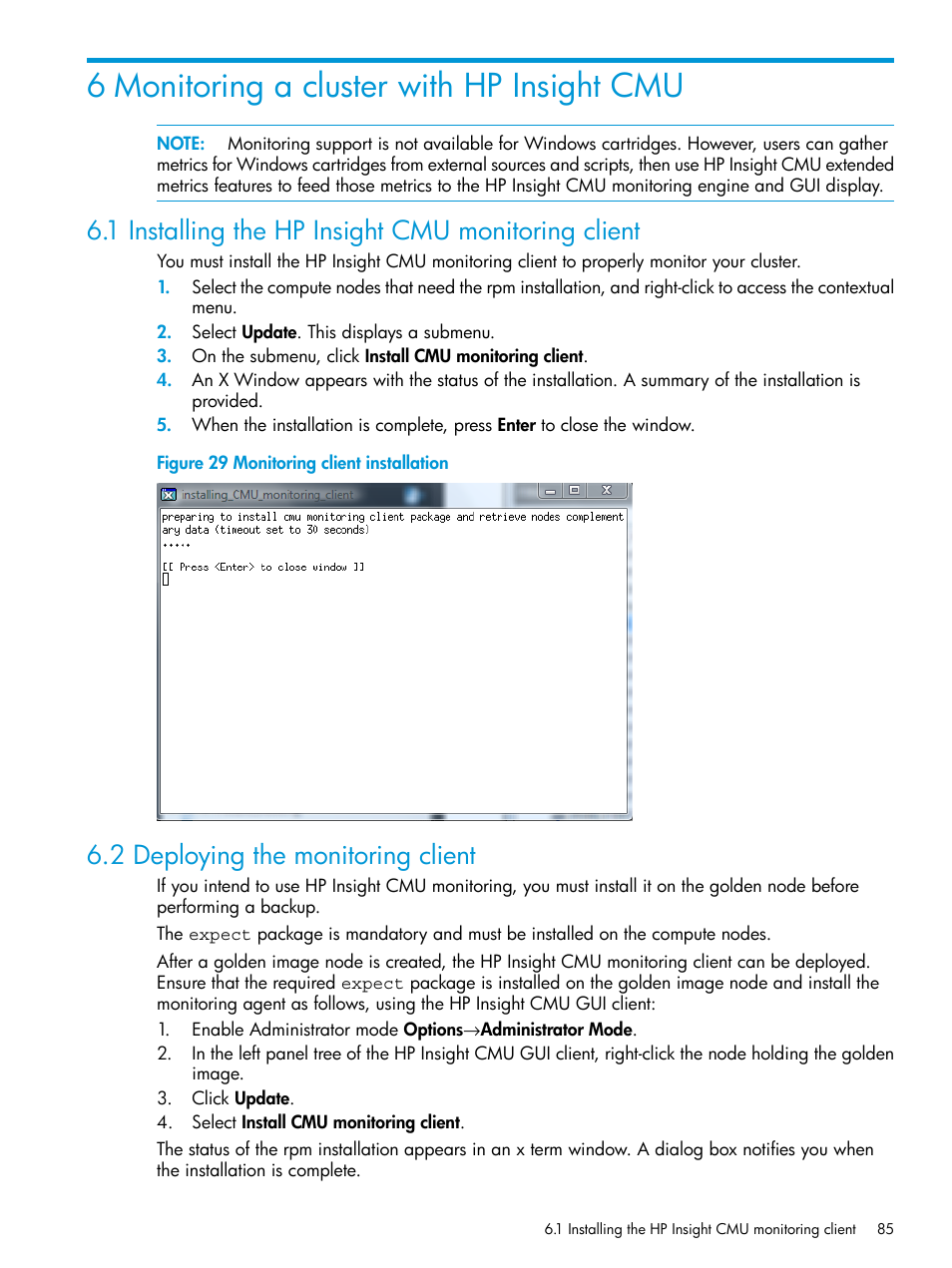 6 monitoring a cluster with hp insight cmu, 1 installing the hp insight cmu monitoring client, 2 deploying the monitoring client | Monitoring client installation | HP Insight Cluster Management Utility User Manual | Page 85 / 223