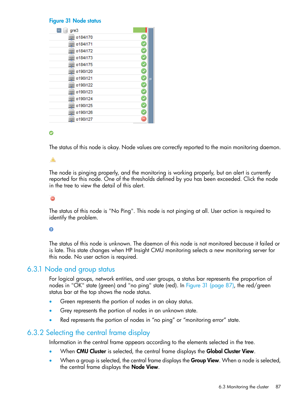 1 node and group status, 2 selecting the central frame display, Node status | HP Insight Cluster Management Utility User Manual | Page 87 / 223