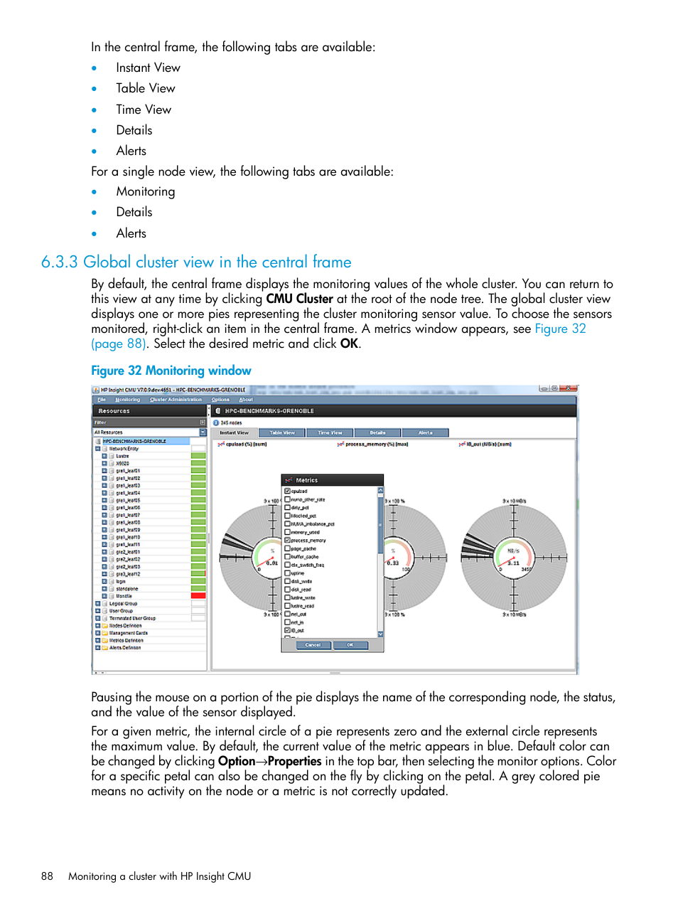 3 global cluster view in the central frame, Monitoring window | HP Insight Cluster Management Utility User Manual | Page 88 / 223