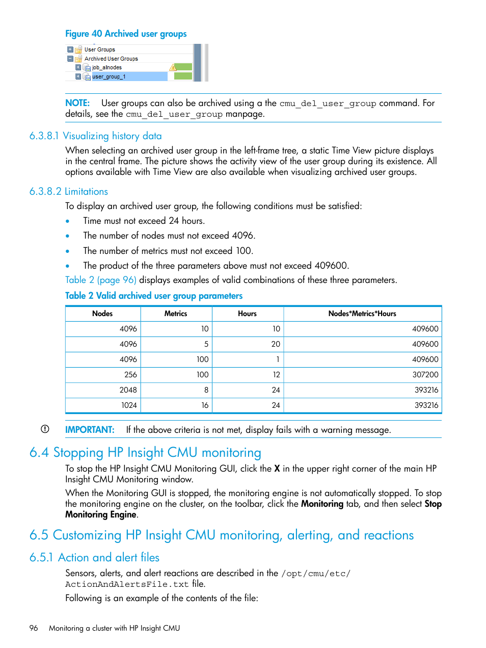 1 visualizing history data, 2 limitations, 4 stopping hp insight cmu monitoring | 1 action and alert files, 1 visualizing history data 6.3.8.2 limitations, Archived user groups, Valid archived user group parameters | HP Insight Cluster Management Utility User Manual | Page 96 / 223