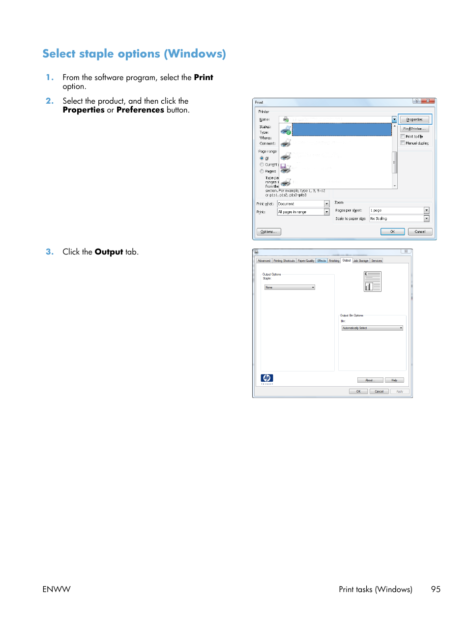 Select staple options (windows) | HP LaserJet Enterprise MFP M725 series User Manual | Page 109 / 318