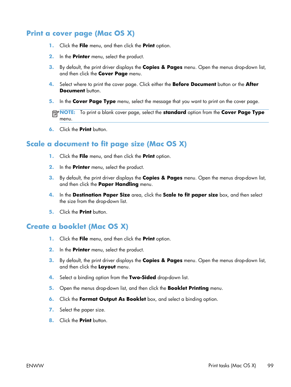 Create a booklet (mac os x), Print a cover page (mac os x), Scale a document to fit page size (mac os x) | HP LaserJet Enterprise MFP M725 series User Manual | Page 113 / 318