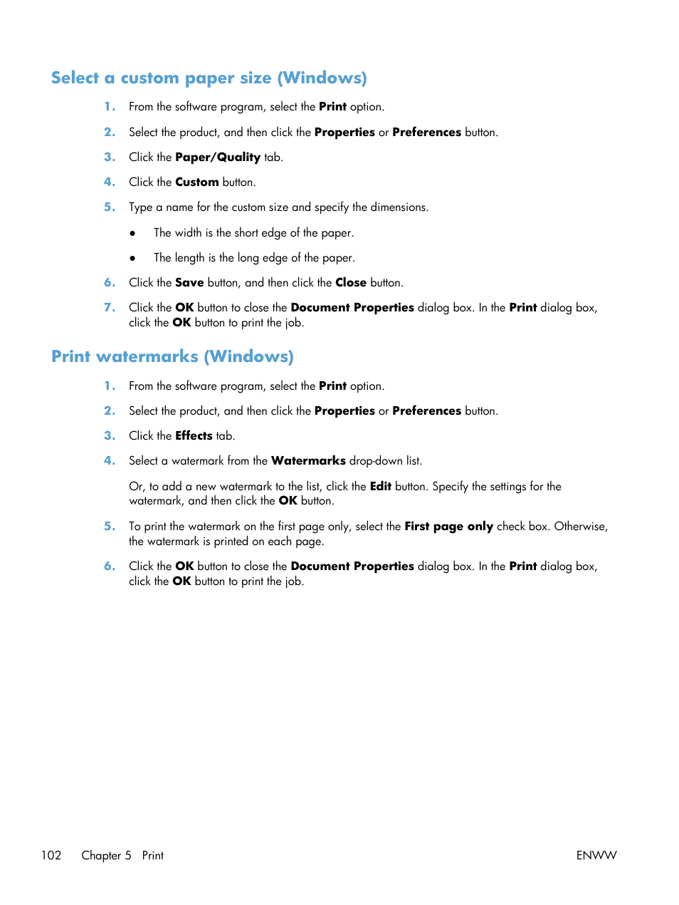 Select a custom paper size (windows), Print watermarks (windows) | HP LaserJet Enterprise MFP M725 series User Manual | Page 116 / 318