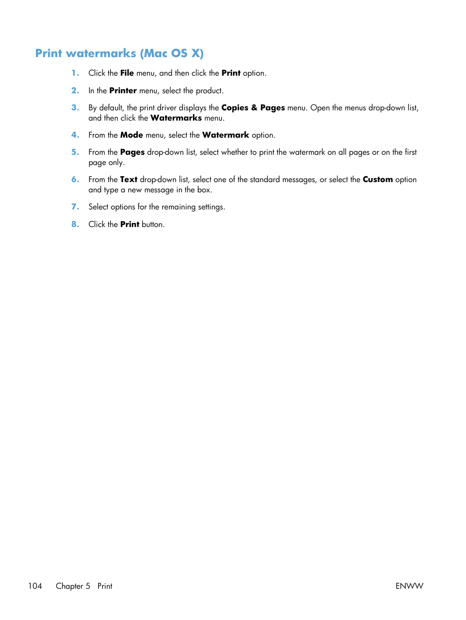 Print watermarks (mac os x) | HP LaserJet Enterprise MFP M725 series User Manual | Page 118 / 318