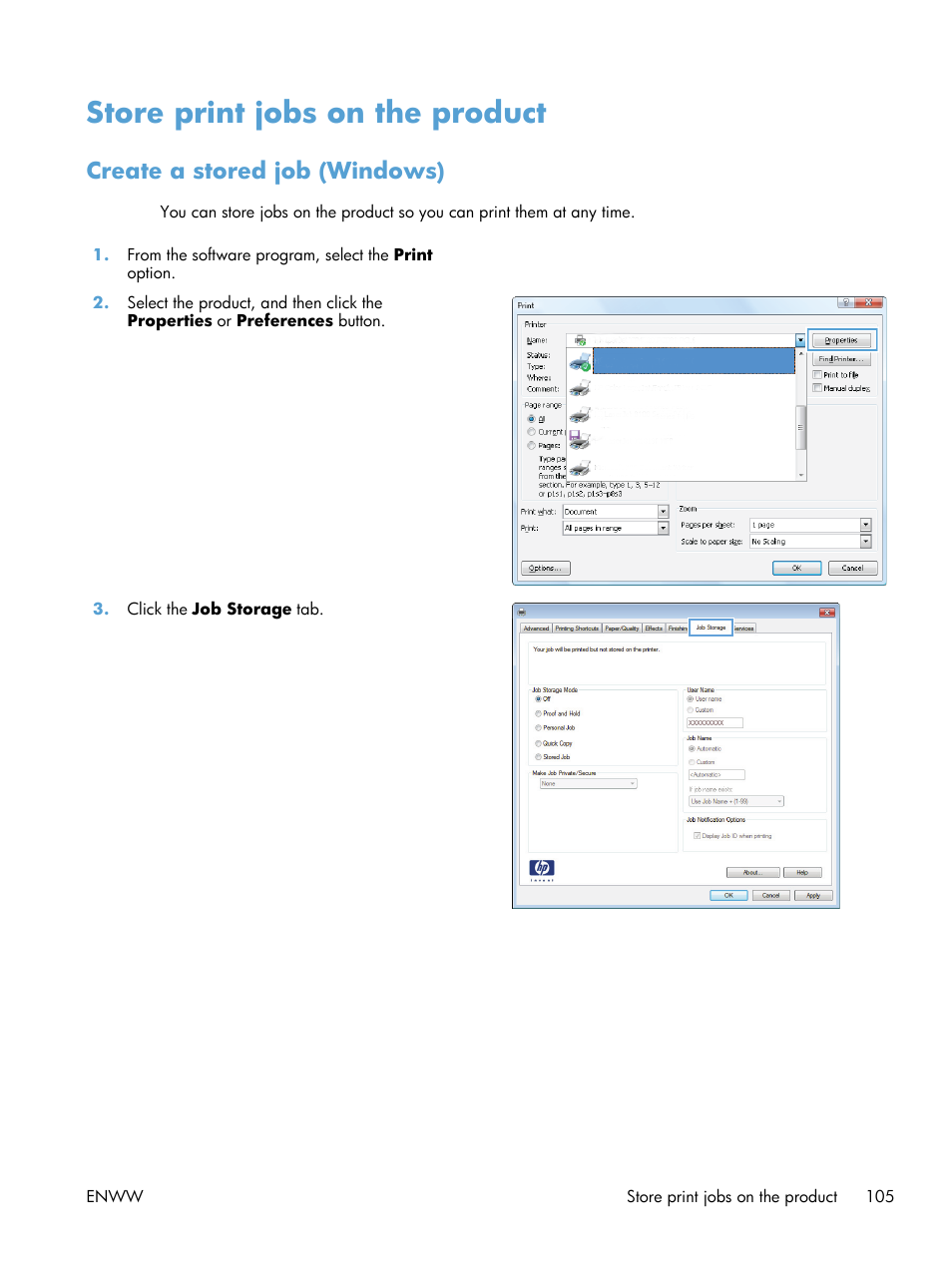 Store print jobs on the product, Create a stored job (windows) | HP LaserJet Enterprise MFP M725 series User Manual | Page 119 / 318