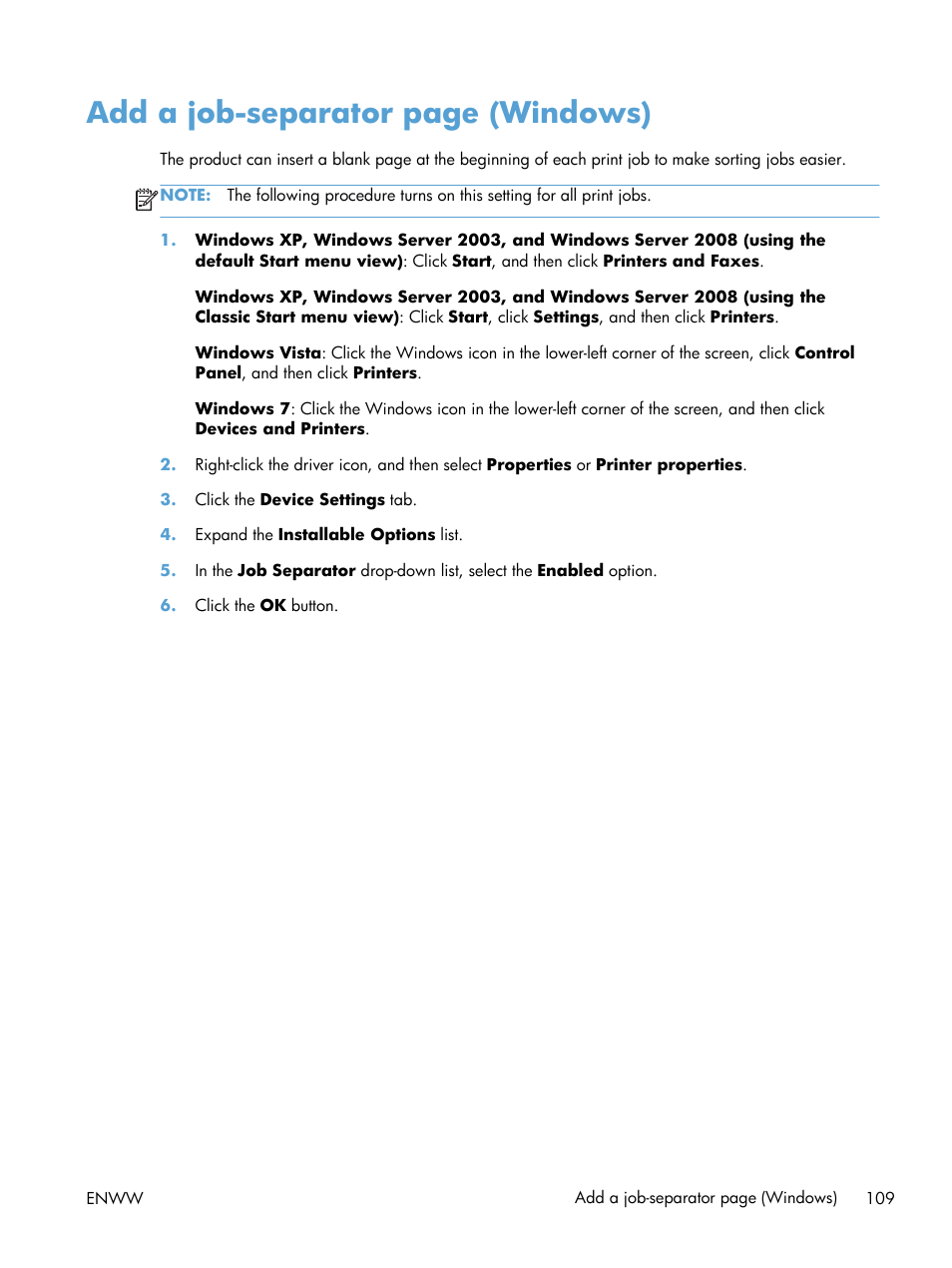 Add a job-separator page (windows) | HP LaserJet Enterprise MFP M725 series User Manual | Page 123 / 318