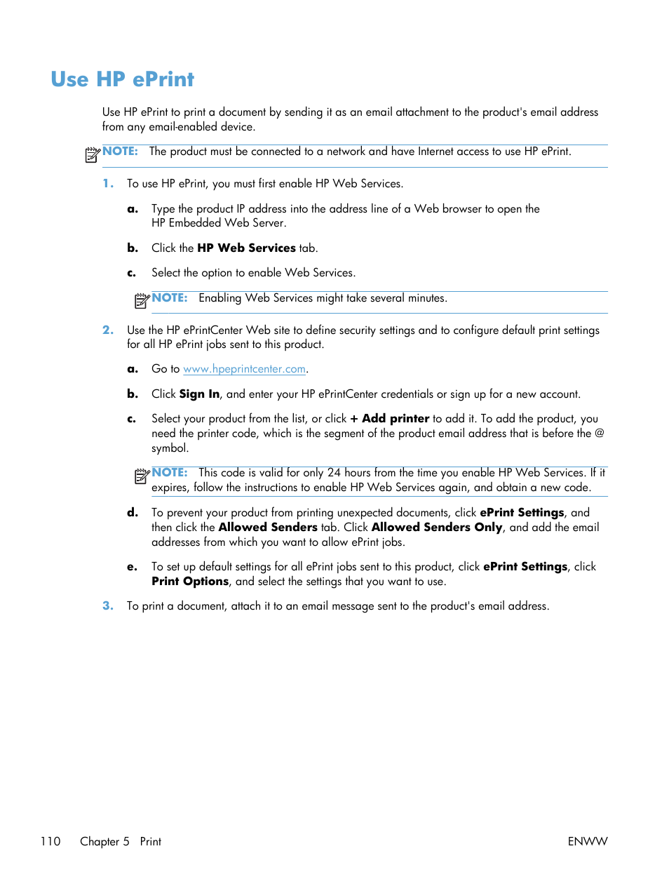 Use hp eprint | HP LaserJet Enterprise MFP M725 series User Manual | Page 124 / 318