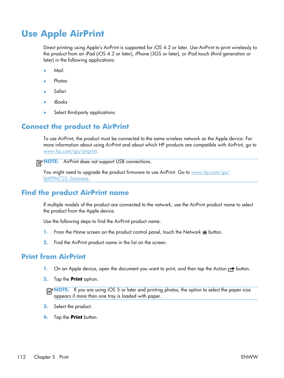 Use apple airprint, Connect the product to airprint, Find the product airprint name | Print from airprint | HP LaserJet Enterprise MFP M725 series User Manual | Page 126 / 318