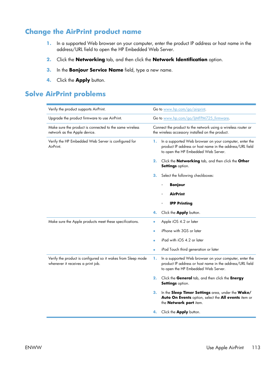 Change the airprint product name, Solve airprint problems | HP LaserJet Enterprise MFP M725 series User Manual | Page 127 / 318