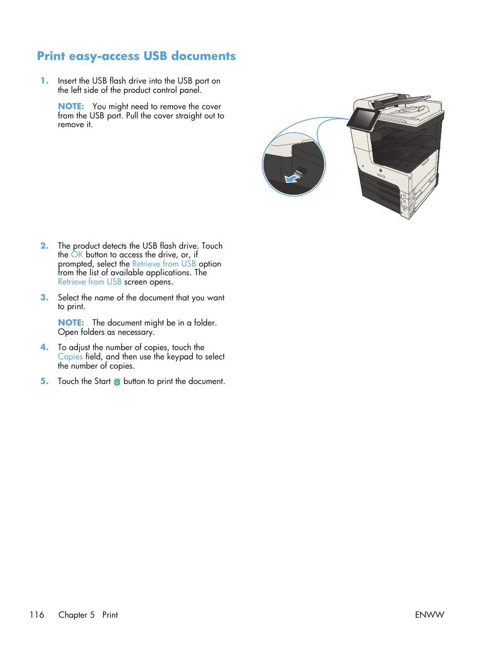 Print easy-access usb documents | HP LaserJet Enterprise MFP M725 series User Manual | Page 130 / 318