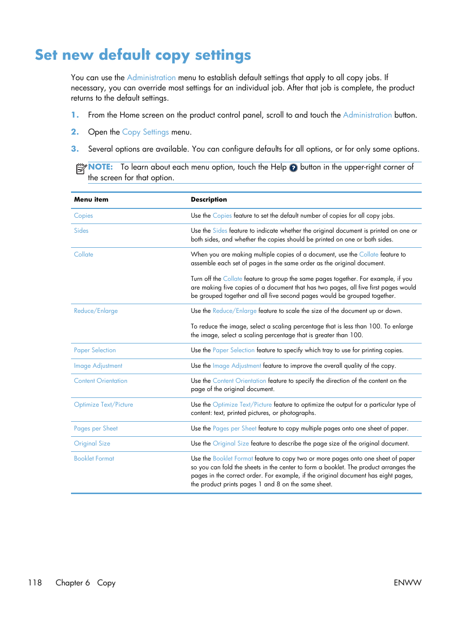 Set new default copy settings | HP LaserJet Enterprise MFP M725 series User Manual | Page 132 / 318