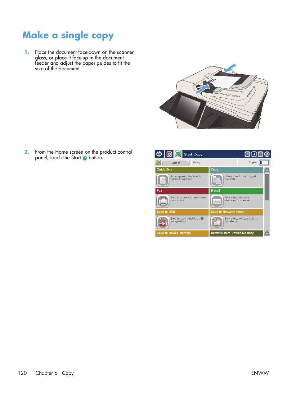 Make a single copy | HP LaserJet Enterprise MFP M725 series User Manual | Page 134 / 318