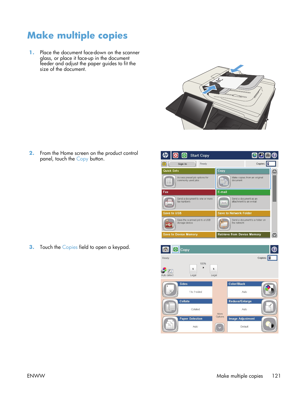 Make multiple copies | HP LaserJet Enterprise MFP M725 series User Manual | Page 135 / 318