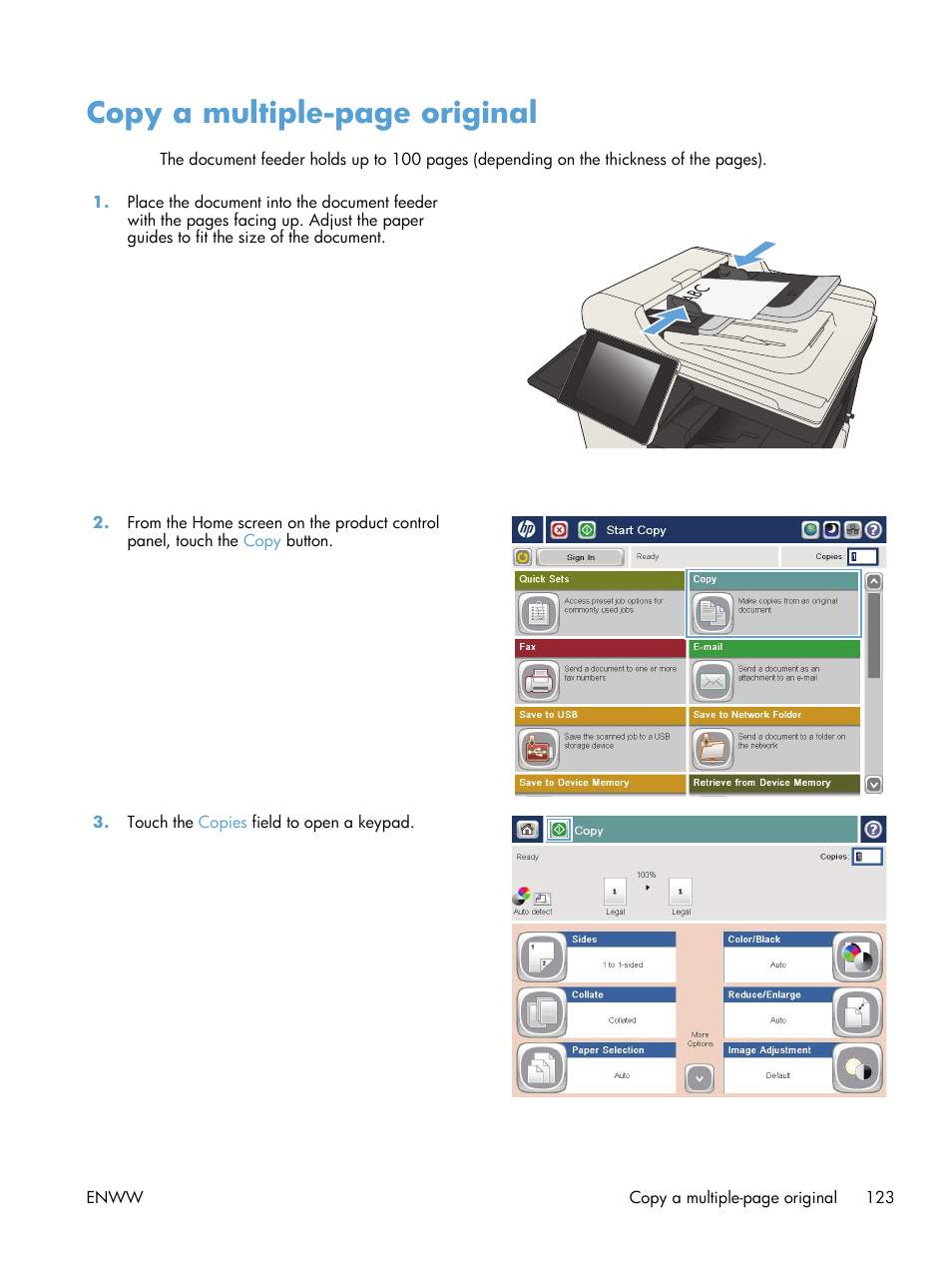 Copy a multiple-page original | HP LaserJet Enterprise MFP M725 series User Manual | Page 137 / 318