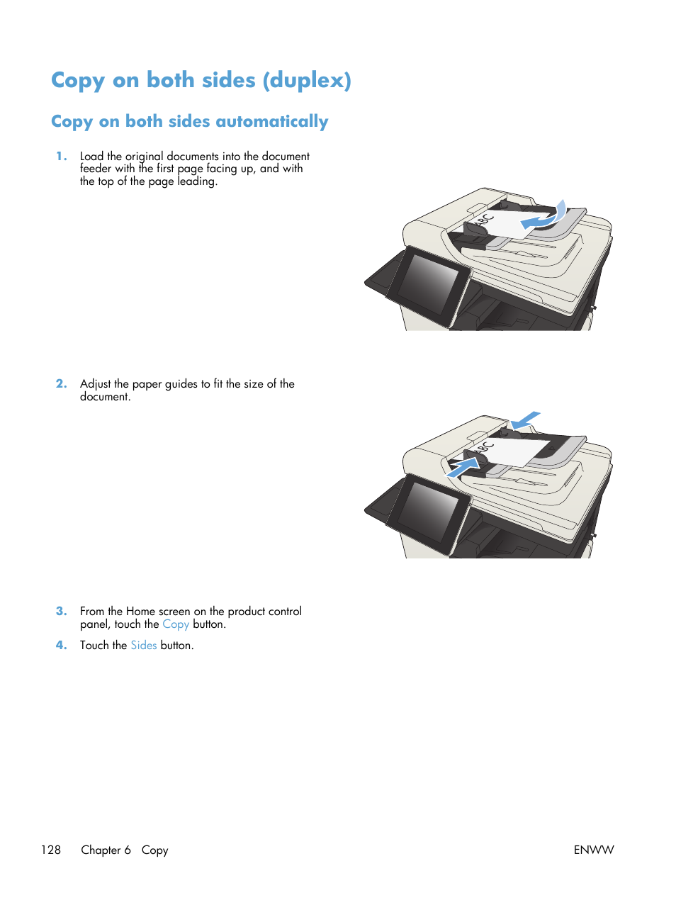 Copy on both sides (duplex), Copy on both sides automatically | HP LaserJet Enterprise MFP M725 series User Manual | Page 142 / 318