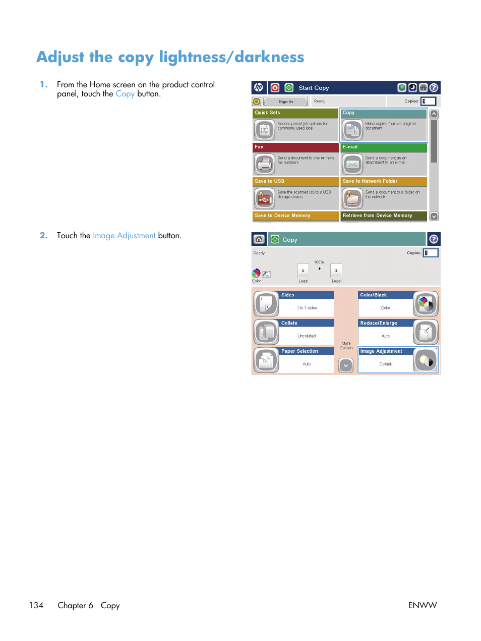 Adjust the copy lightness/darkness | HP LaserJet Enterprise MFP M725 series User Manual | Page 148 / 318