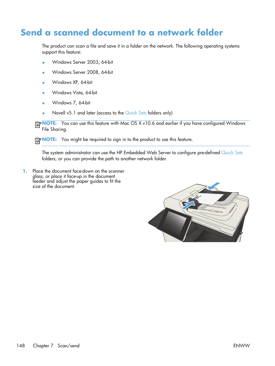 Send a scanned document to a network folder | HP LaserJet Enterprise MFP M725 series User Manual | Page 162 / 318