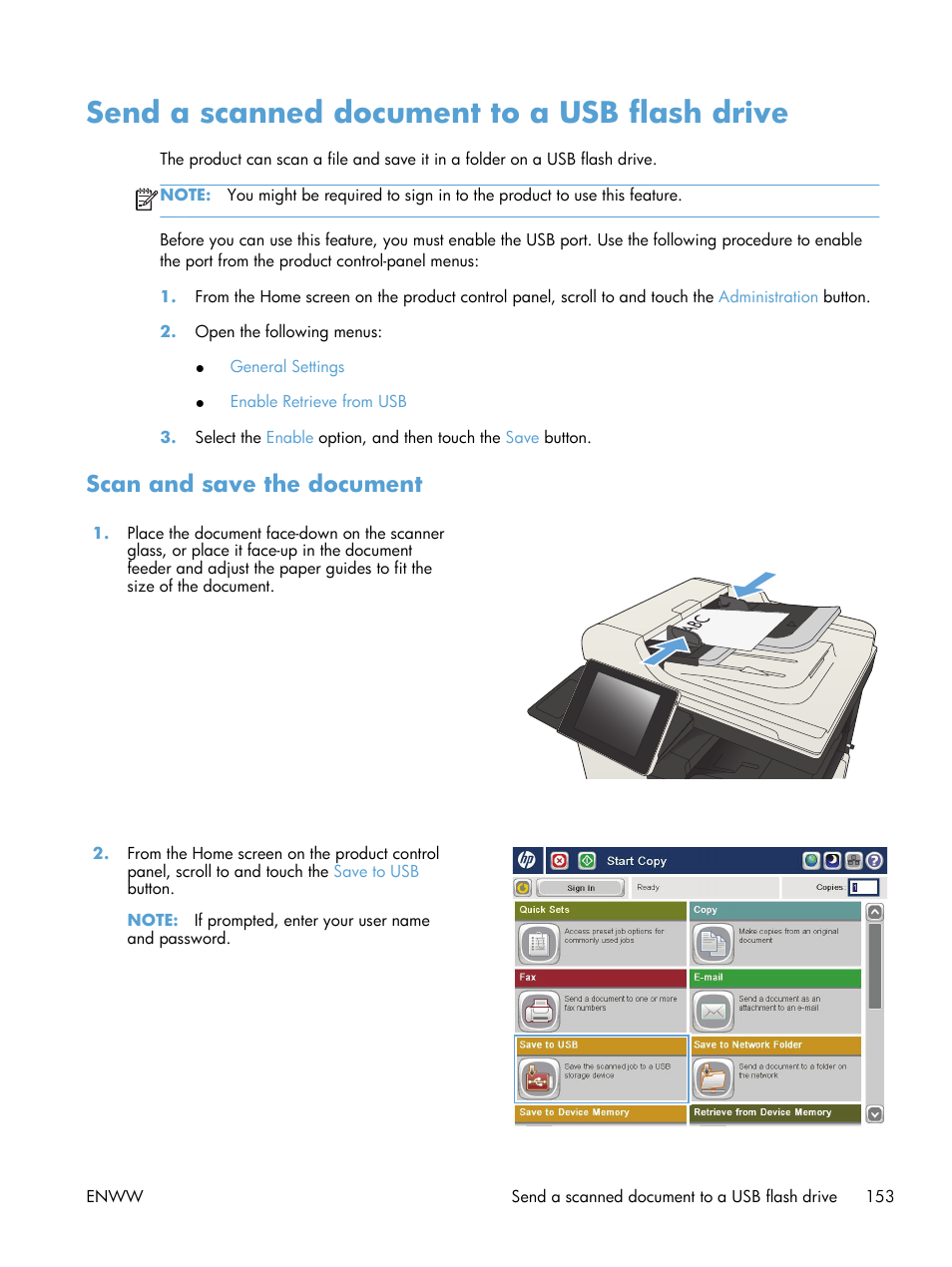 Send a scanned document to a usb flash drive, Scan and save the document | HP LaserJet Enterprise MFP M725 series User Manual | Page 167 / 318