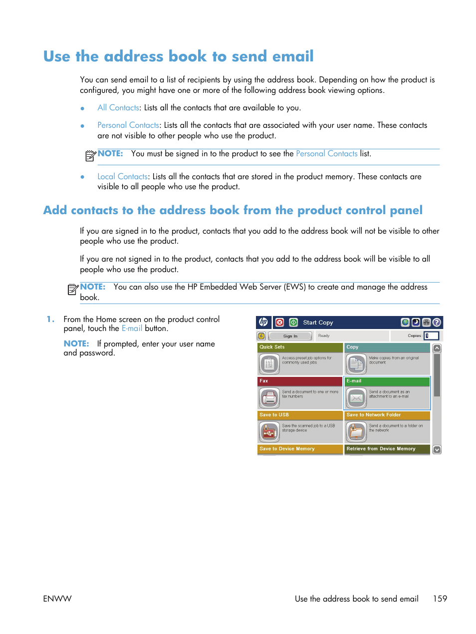 Use the address book to send email | HP LaserJet Enterprise MFP M725 series User Manual | Page 173 / 318