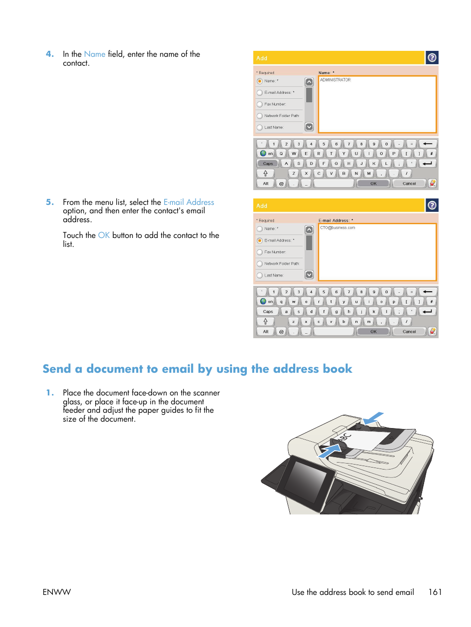 Send a document to email by using the address book | HP LaserJet Enterprise MFP M725 series User Manual | Page 175 / 318