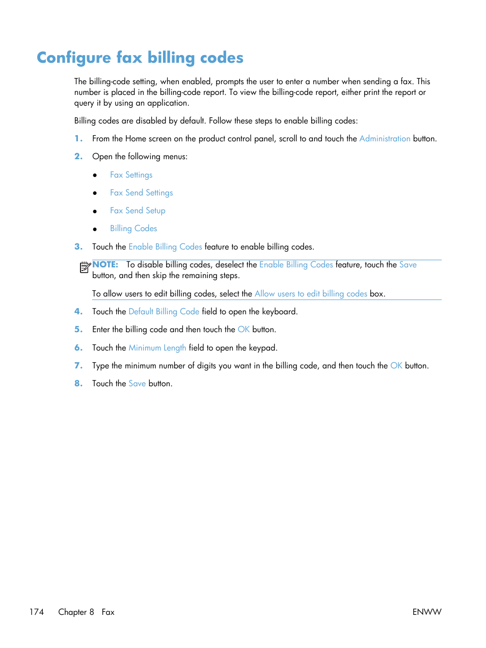 Configure fax billing codes | HP LaserJet Enterprise MFP M725 series User Manual | Page 188 / 318