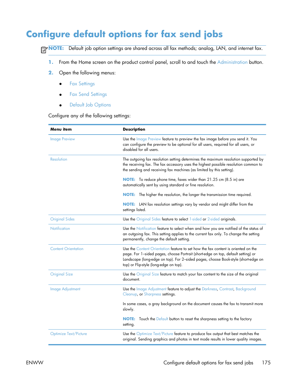Configure default options for fax send jobs | HP LaserJet Enterprise MFP M725 series User Manual | Page 189 / 318
