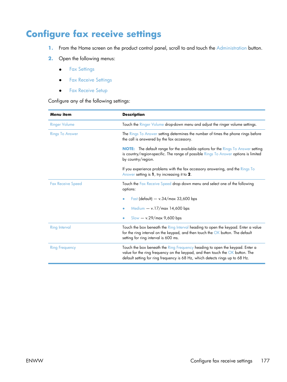 Configure fax receive settings | HP LaserJet Enterprise MFP M725 series User Manual | Page 191 / 318