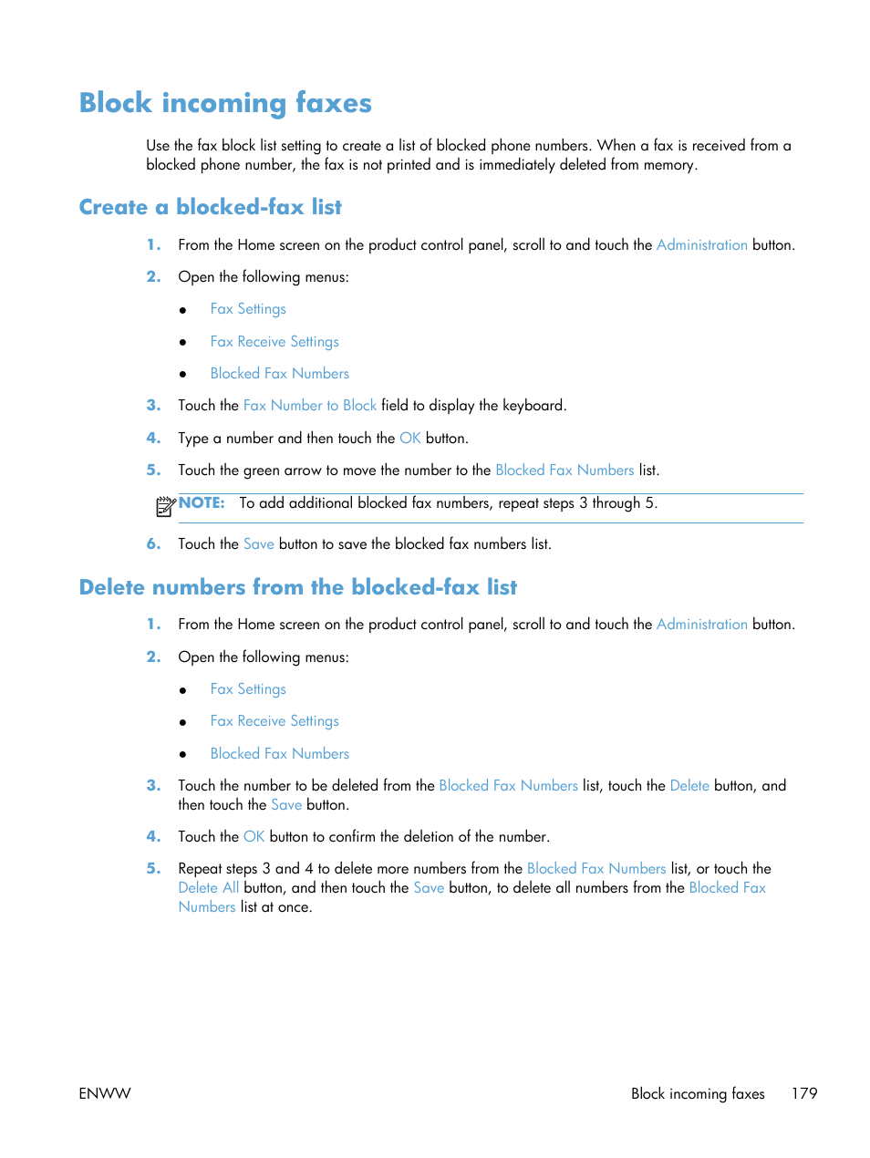 Block incoming faxes, Create a blocked-fax list, Delete numbers from the blocked-fax list | HP LaserJet Enterprise MFP M725 series User Manual | Page 193 / 318