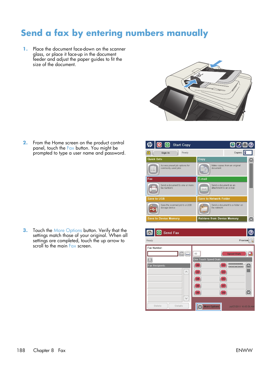 Send a fax by entering numbers manually | HP LaserJet Enterprise MFP M725 series User Manual | Page 202 / 318