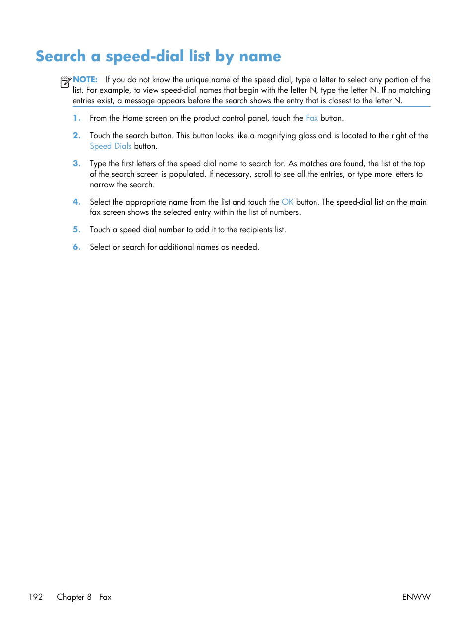 Search a speed-dial list by name | HP LaserJet Enterprise MFP M725 series User Manual | Page 206 / 318