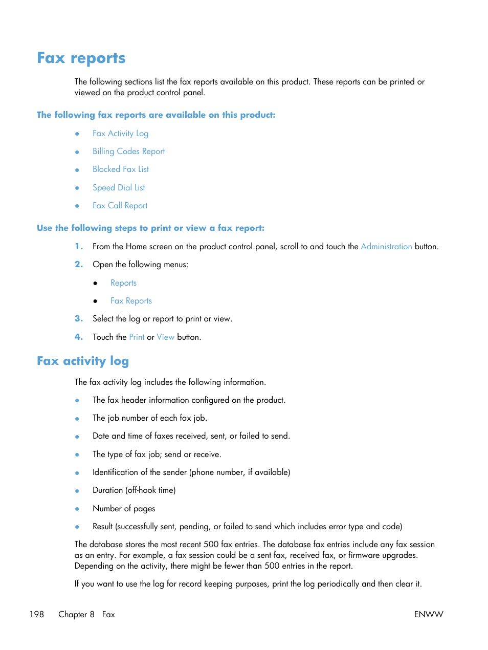 Fax reports, Fax activity log | HP LaserJet Enterprise MFP M725 series User Manual | Page 212 / 318